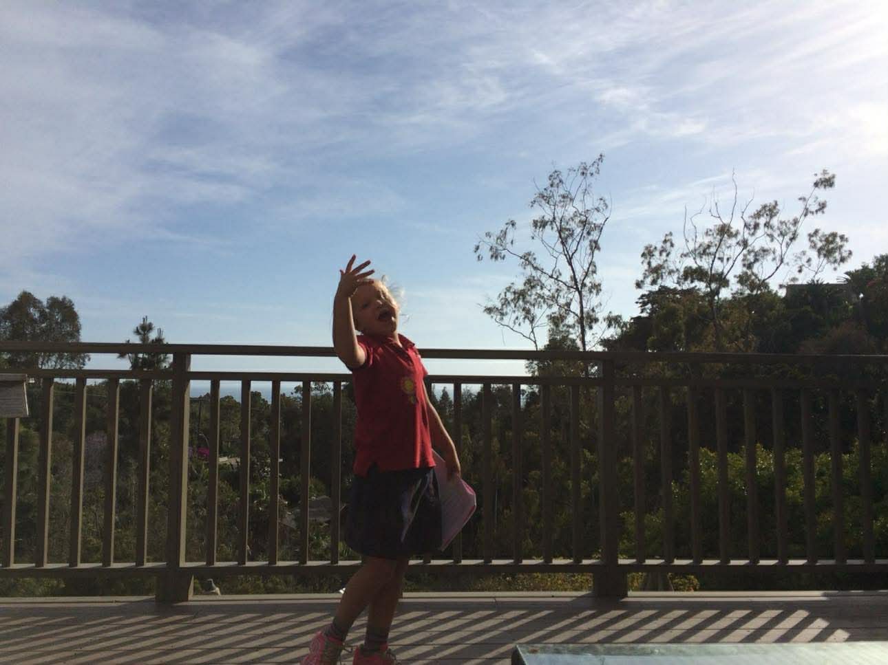 Young Indi reaching for the sky on the deck